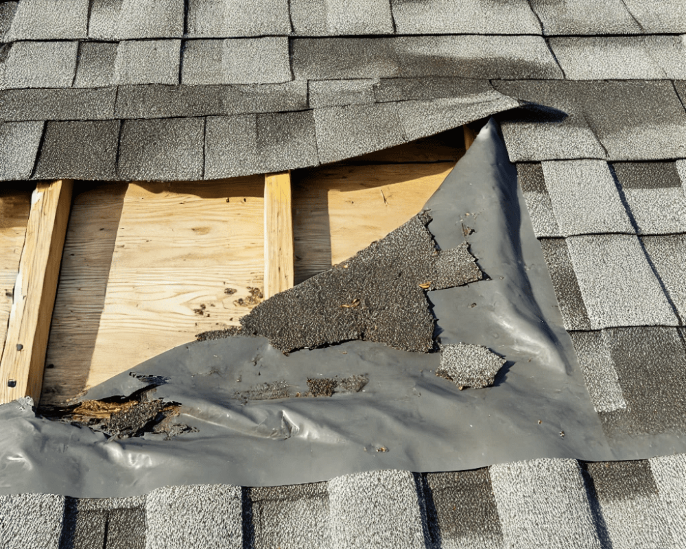 A close-up image of a damaged roof. The shingles are missing in a large area, exposing the roof deck and underlayment.